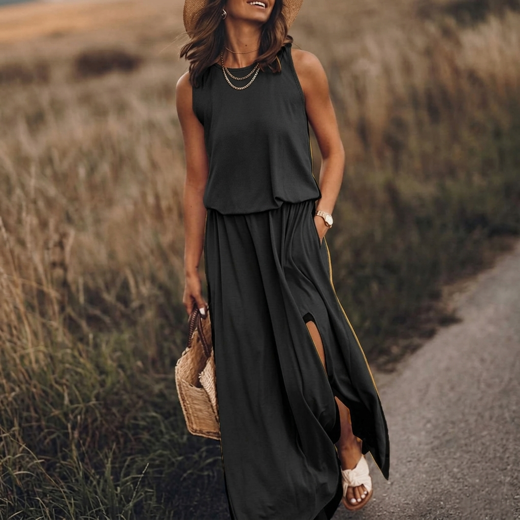 Robe longue Kateline | Maxi fluide, col rond, sans manches, fente latérale 11