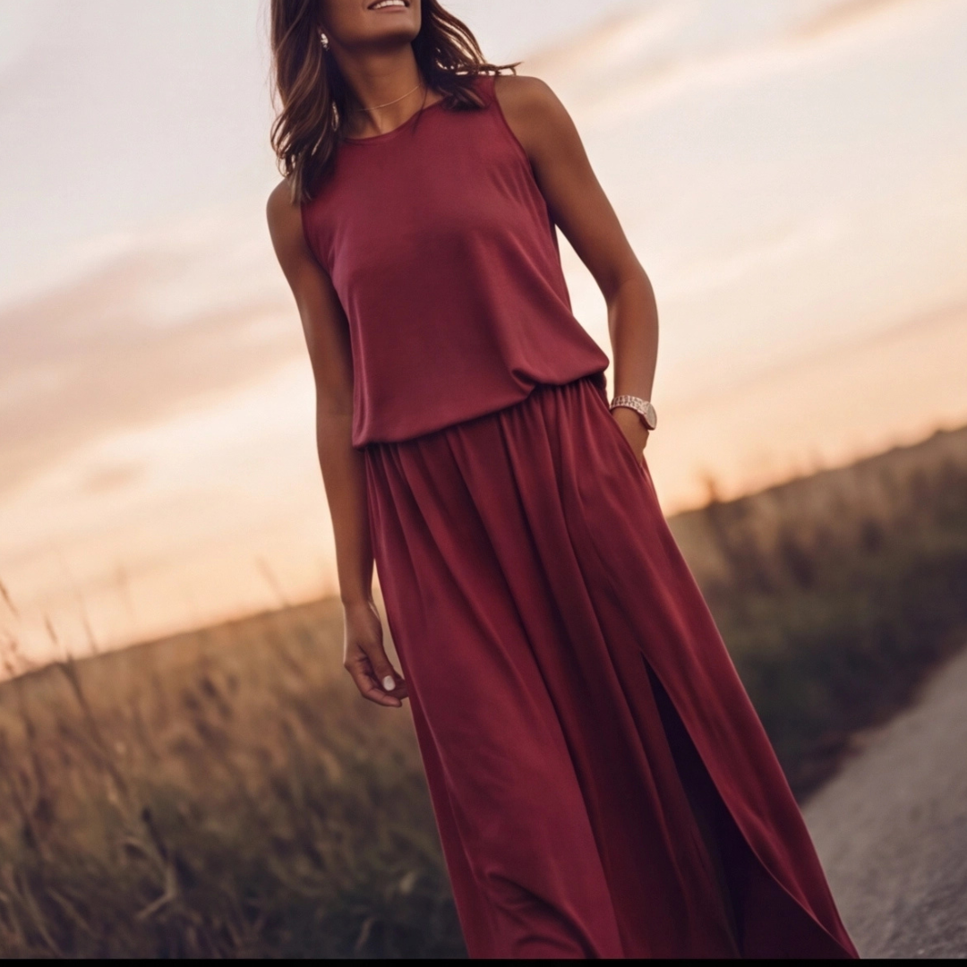 Robe longue Kateline | Maxi fluide, col rond, sans manches, fente latérale 2