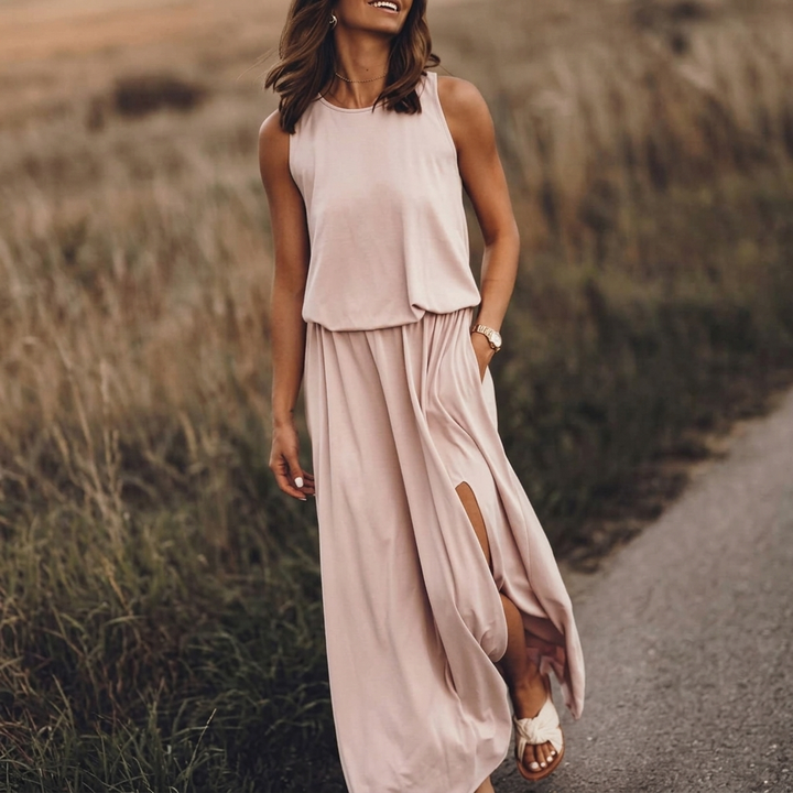 Robe longue Kateline | Maxi fluide, col rond, sans manches, fente latérale 4