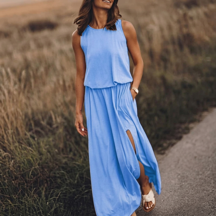 Robe longue Kateline | Maxi fluide, col rond, sans manches, fente latérale 5
