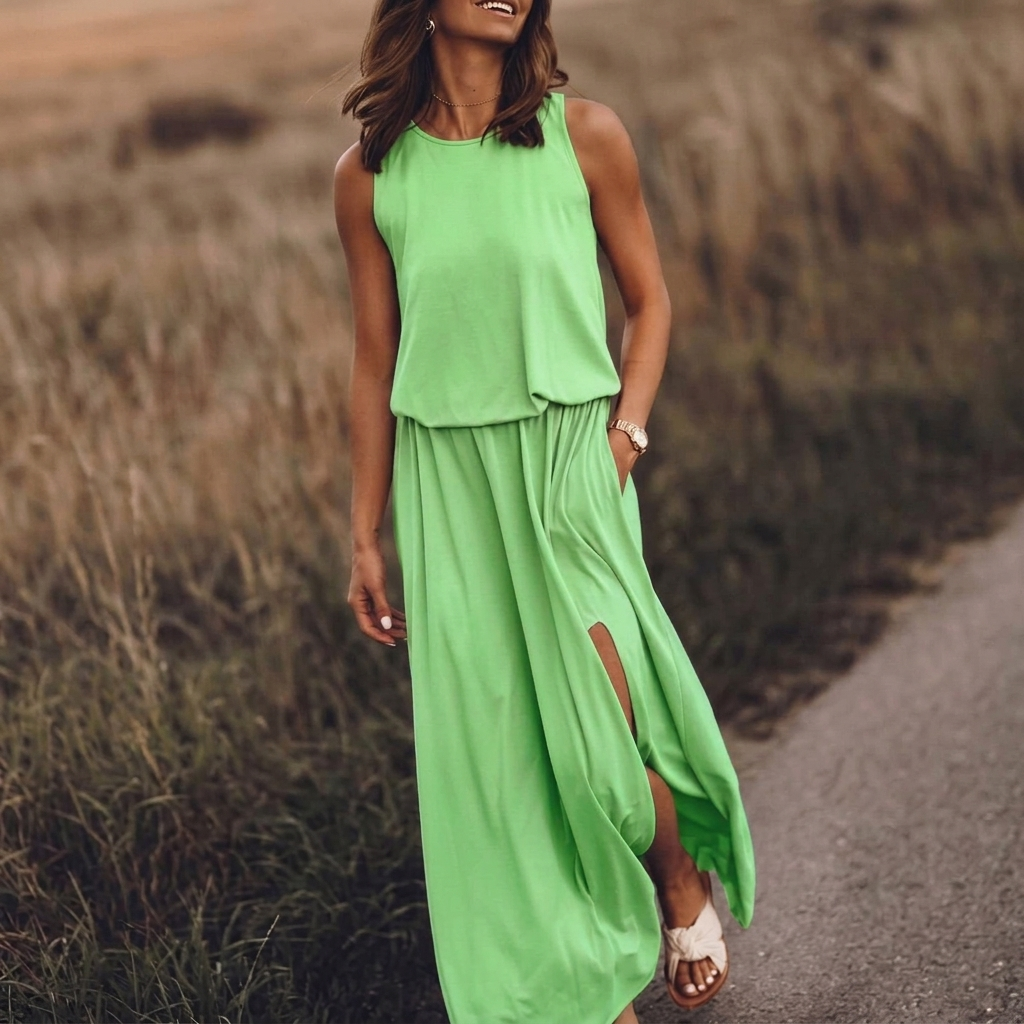 Robe longue Kateline | Maxi fluide, col rond, sans manches, fente latérale 6