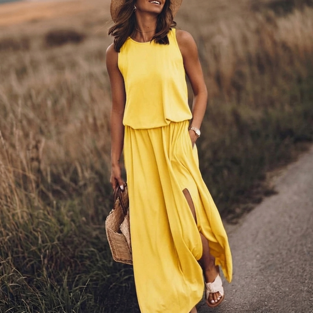 Robe longue Kateline | Maxi fluide, col rond, sans manches, fente latérale 7