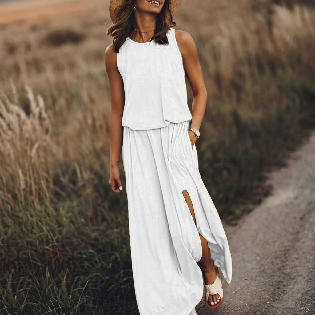 Robe longue Kateline | Maxi fluide, col rond, sans manches, fente latérale 8
