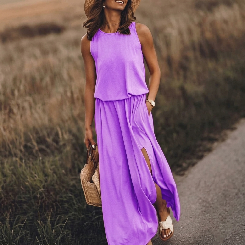 Robe longue Kateline | Maxi fluide, col rond, sans manches, fente latérale 9