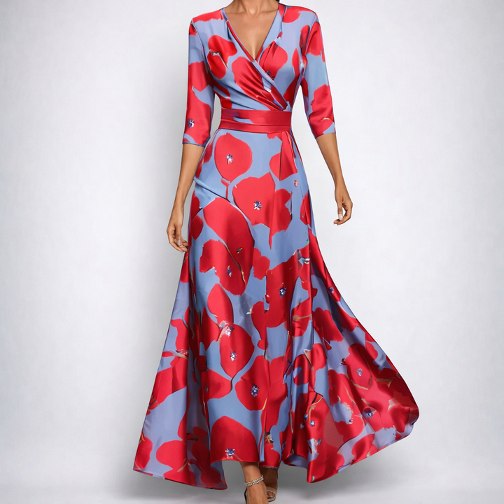 Robe longue Lavinie | Imprimé floral bleu, col V et manches longues, style bohème 0