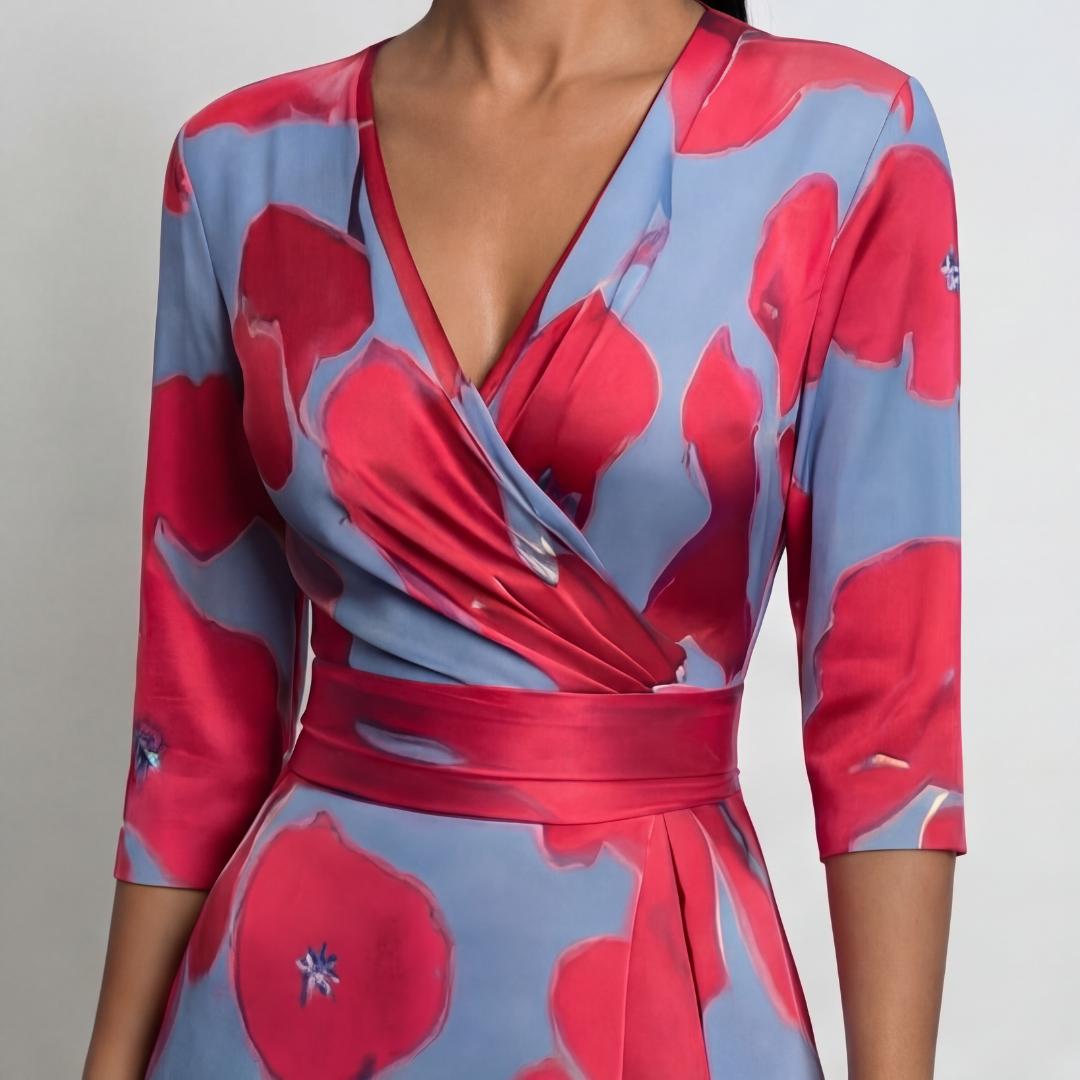 Robe longue Lavinie | Imprimé floral bleu, col V et manches longues, style bohème 1