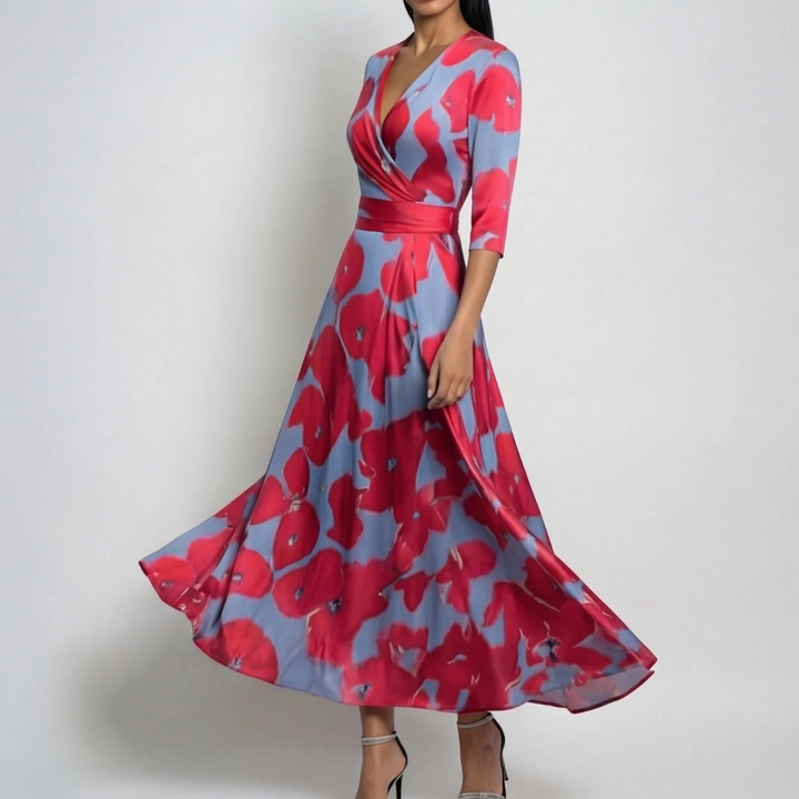 Robe longue Lavinie | Imprimé floral bleu, col V et manches longues, style bohème 2