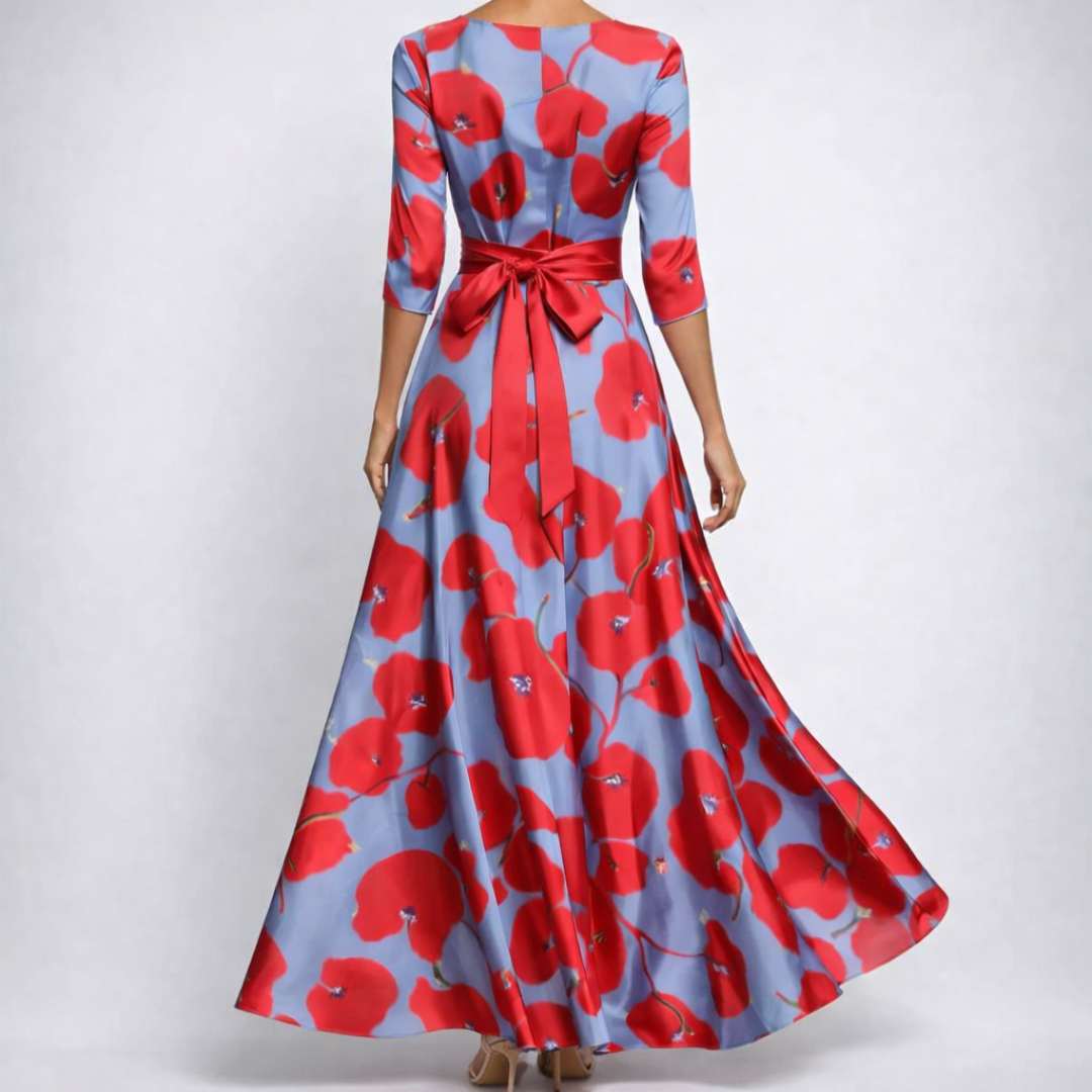 Robe longue Lavinie | Imprimé floral bleu, col V et manches longues, style bohème 3