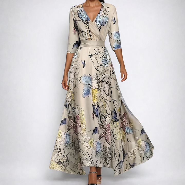 Robe longue Lavinie | Imprimé floral bleu, col V et manches longues, style bohème 4