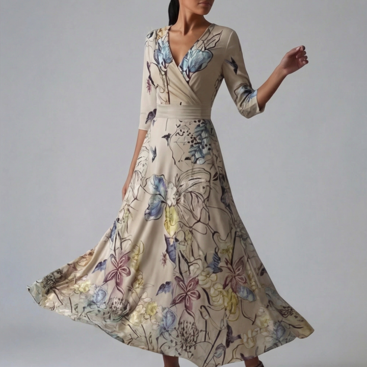 Robe longue Lavinie | Imprimé floral bleu, col V et manches longues, style bohème 6