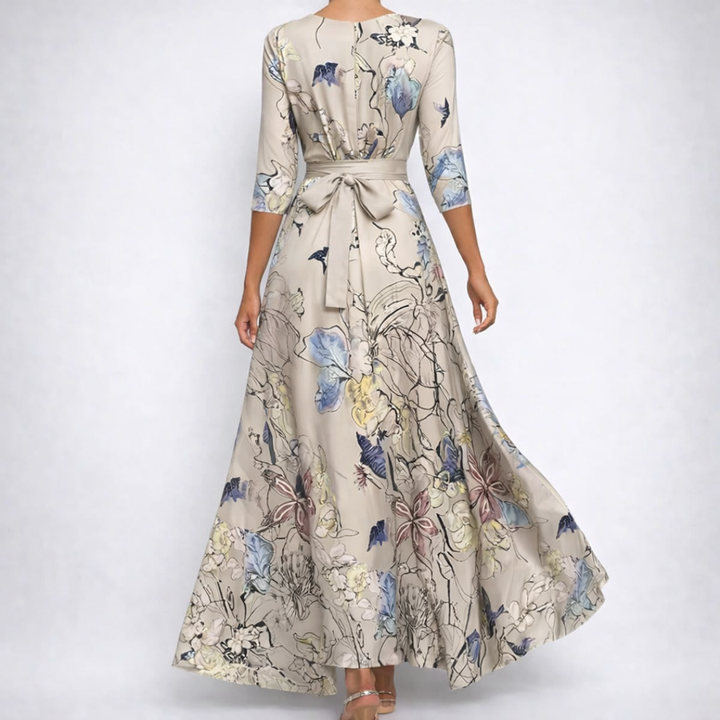 Robe longue Lavinie | Imprimé floral bleu, col V et manches longues, style bohème 7
