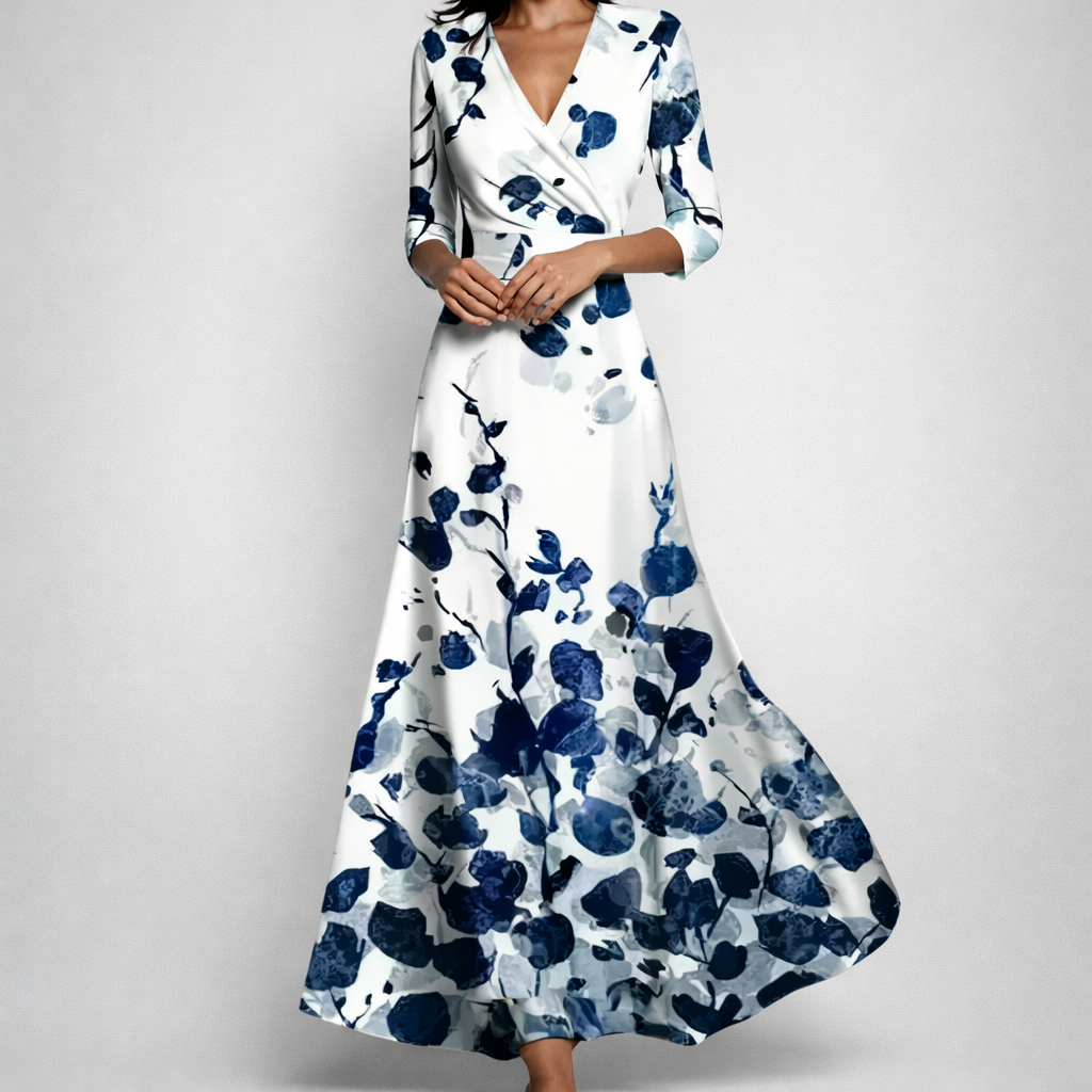 Robe longue Lavinie | Imprimé floral bleu, col V et manches longues, style bohème 8