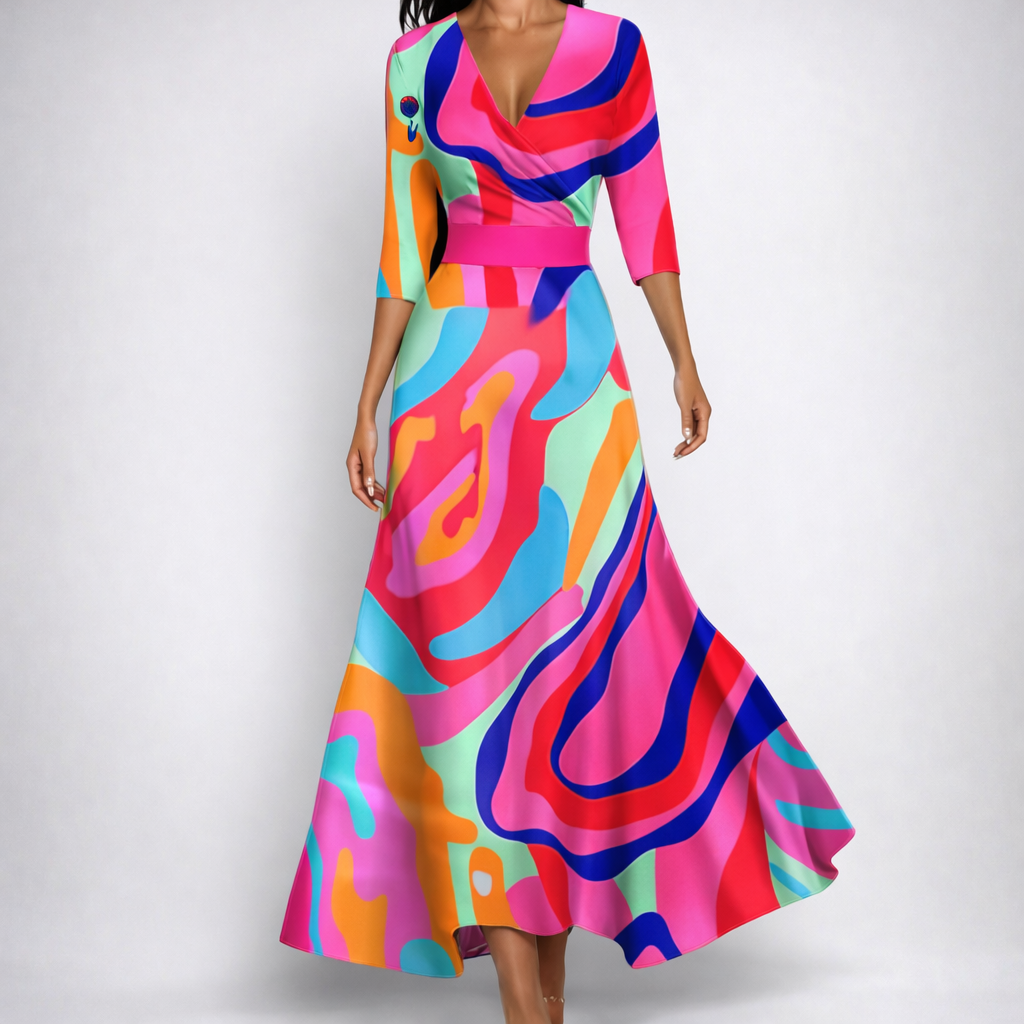 Robe longue Lavinie | Imprimé floral bleu, col V et manches longues, style bohème 9