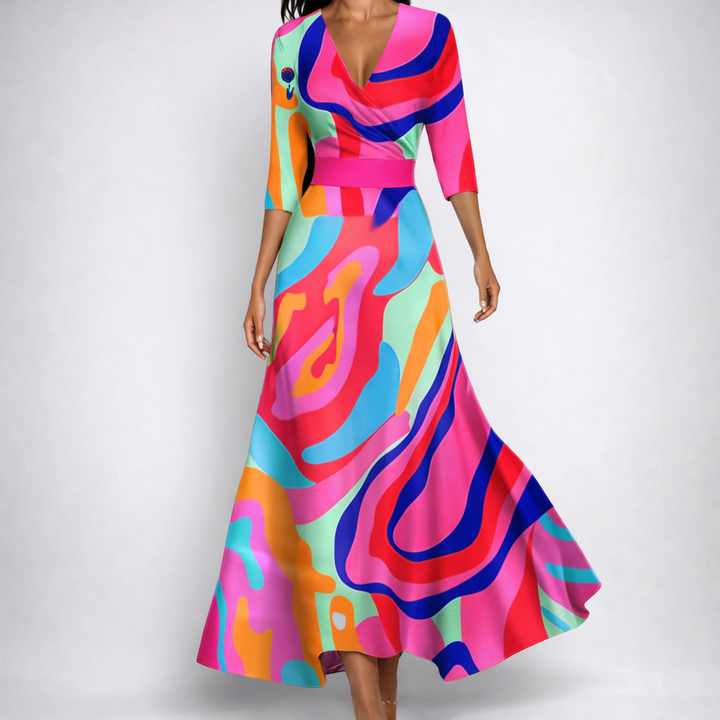 Robe longue Lavinie | Imprimé floral bleu, col V et manches longues, style bohème 9