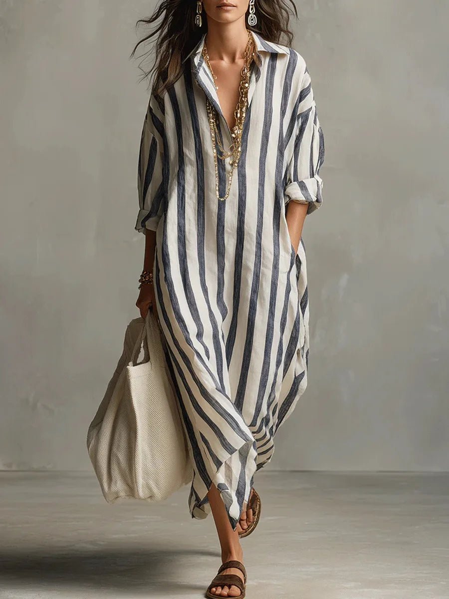 Robe longue Liora | Chemise en lin à rayures, coupe ample avec poches 0
