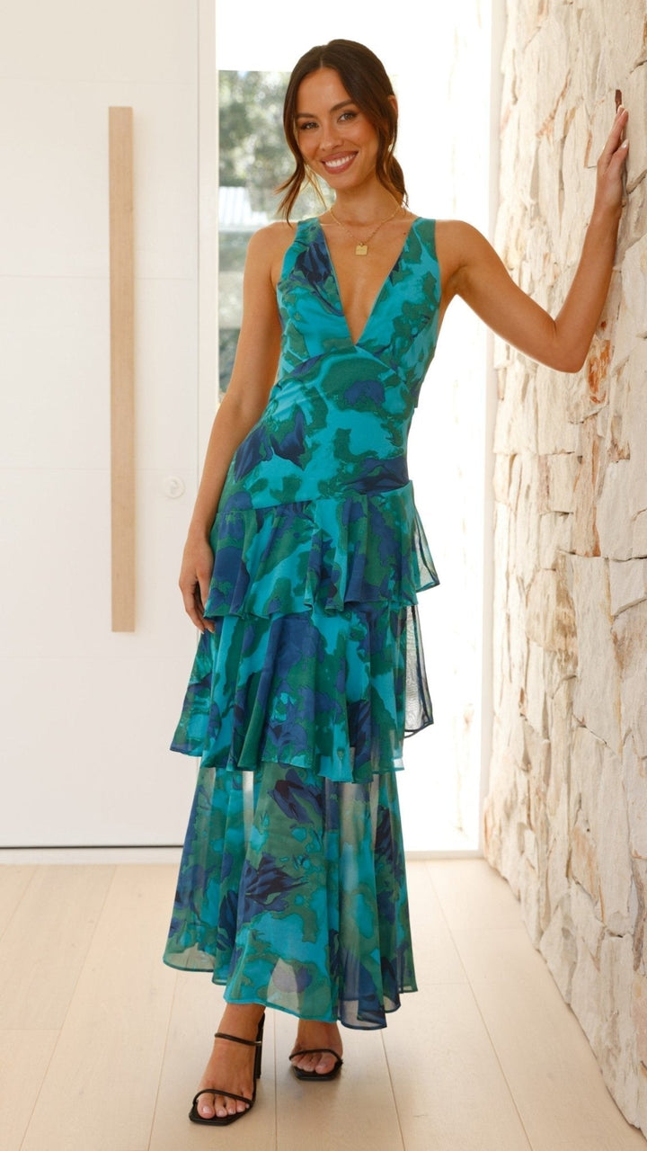 Robe longue Liora | Chiffon léger avec volants superposés, décolleté en V 1