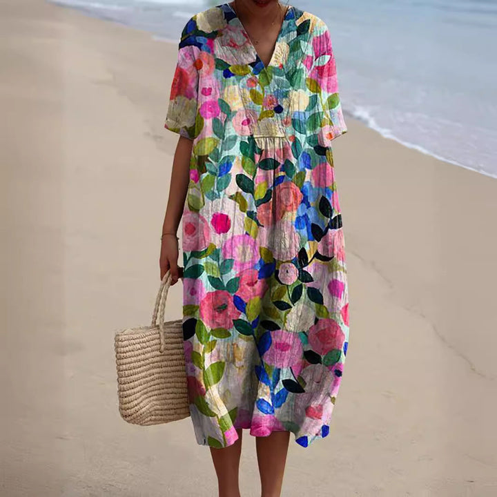 Robe longue Mélina | Motif floral, col en V, manches courtes, robe longue été femme 0