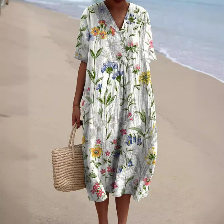 Robe longue Mélina | Motif floral, col en V, manches courtes, robe longue été femme 1