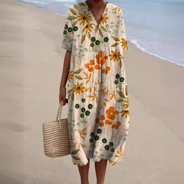 Robe longue Mélina | Motif floral, col en V, manches courtes, robe longue été femme 2