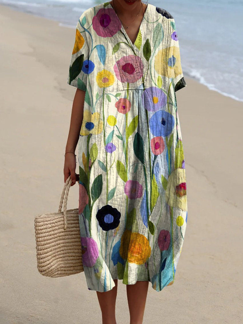 Robe longue Mélina | Motif floral, col en V, manches courtes, robe longue été femme 4