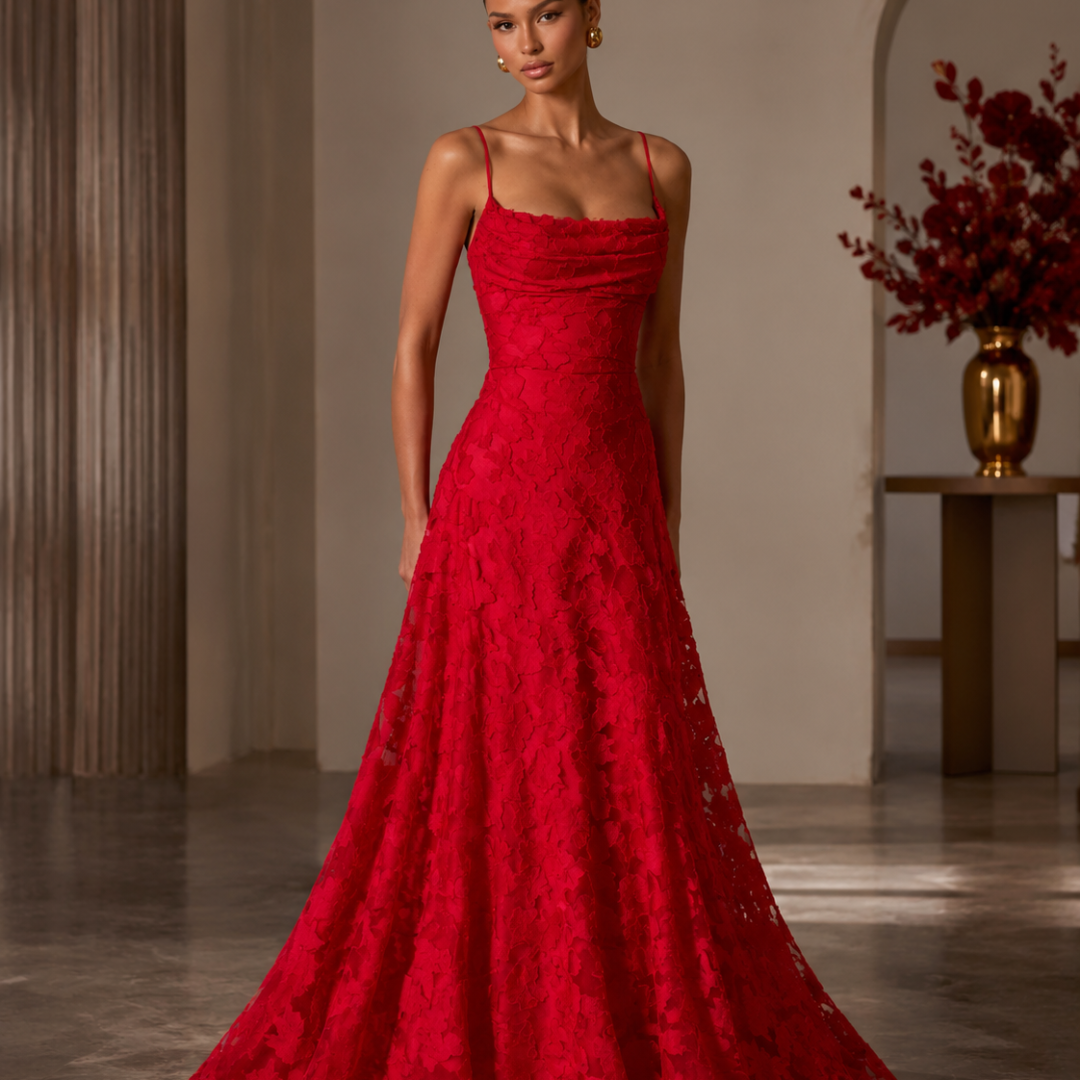 Robe longue Mireille | Dentelle florale, bretelles ajustables, robe de soirée élégante 11
