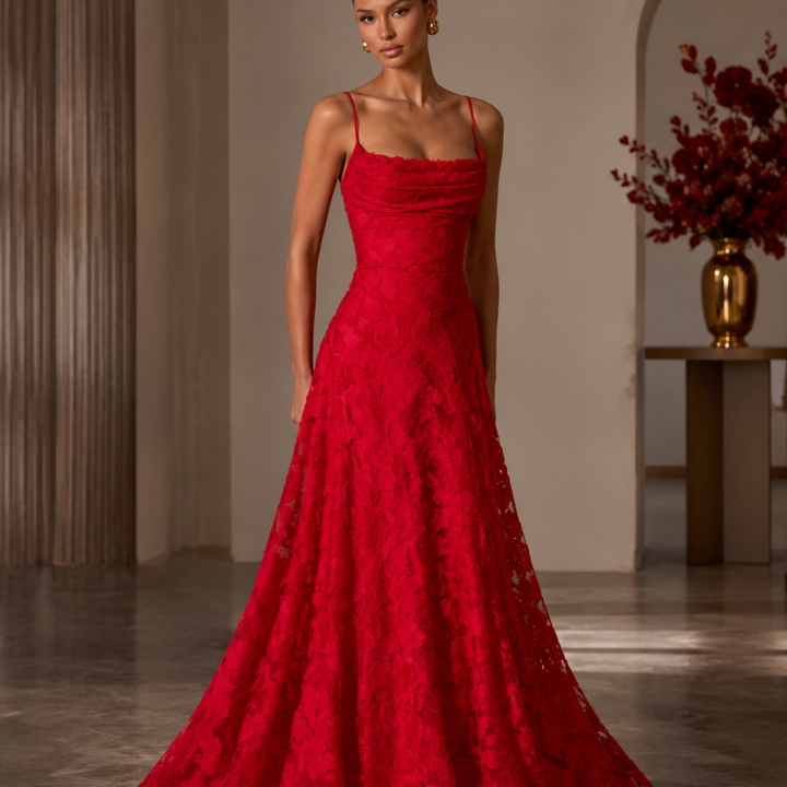 Robe longue Mireille | Dentelle florale, bretelles ajustables, robe de soirée élégante 11