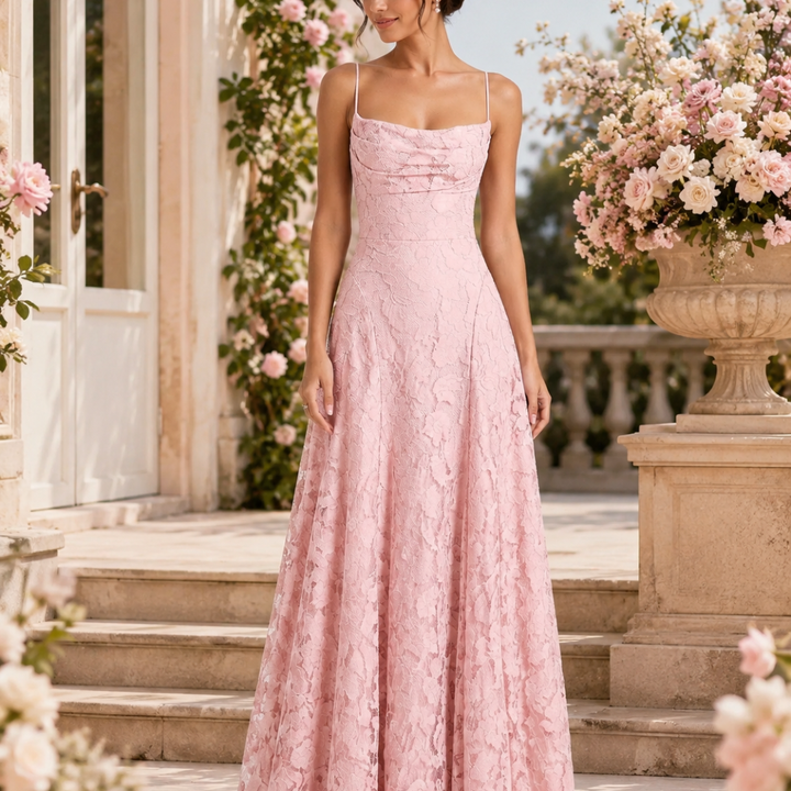 Robe longue Mireille | Dentelle florale, bretelles ajustables, robe de soirée élégante 6
