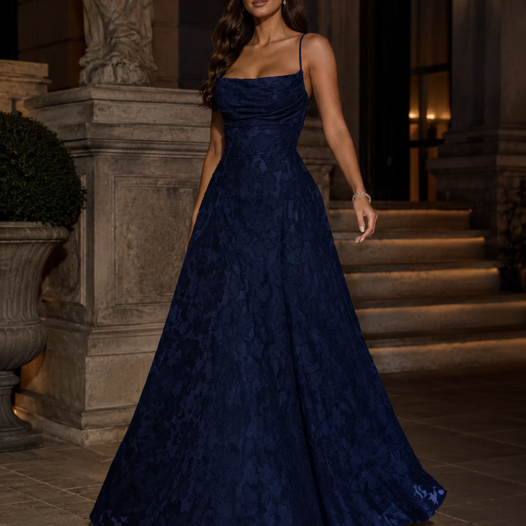 Robe longue Mireille | Dentelle florale, bretelles ajustables, robe de soirée élégante 9