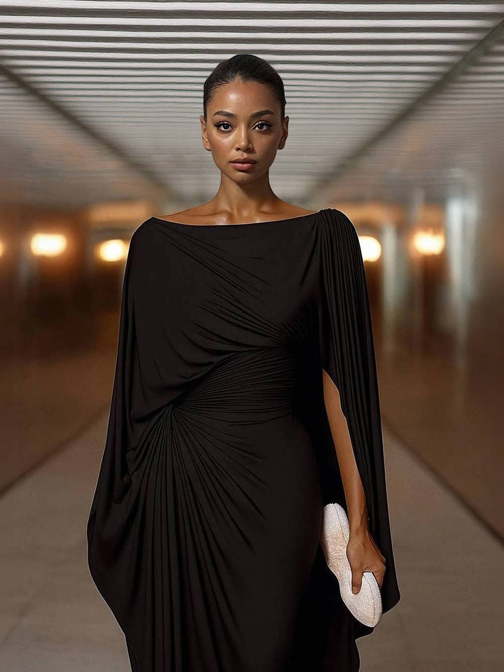 Robe longue Mylène | Drapé à la taille, manches cape, encolure bateau 1