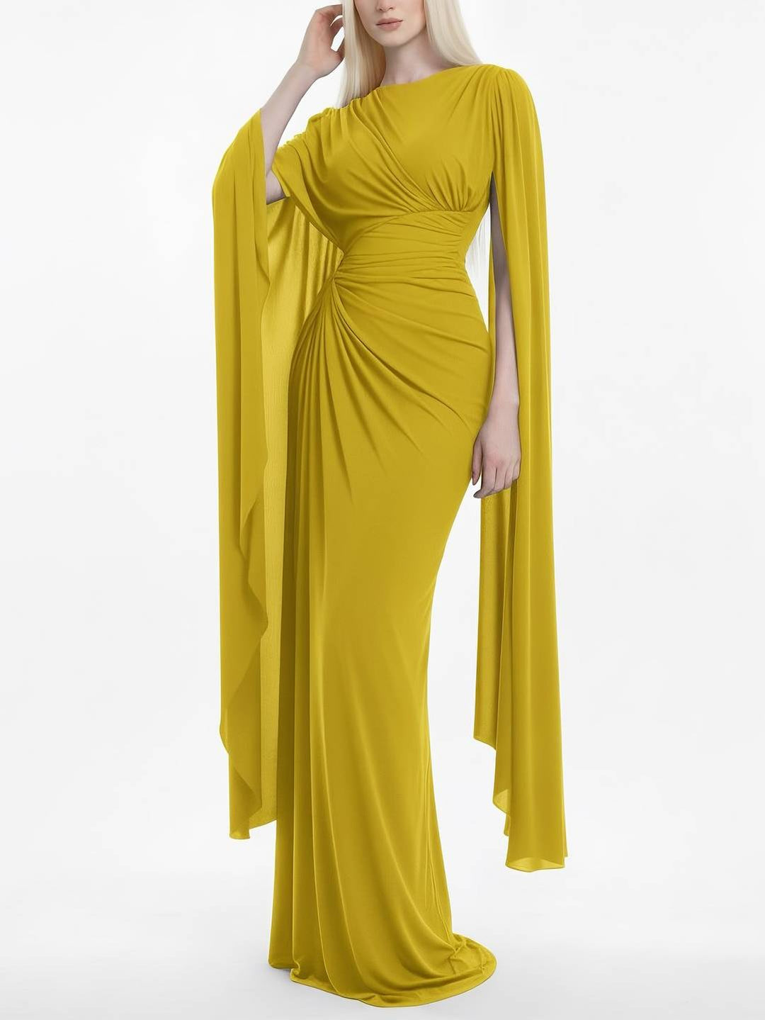 Robe longue Mylène | Drapé à la taille, manches cape, encolure bateau 10