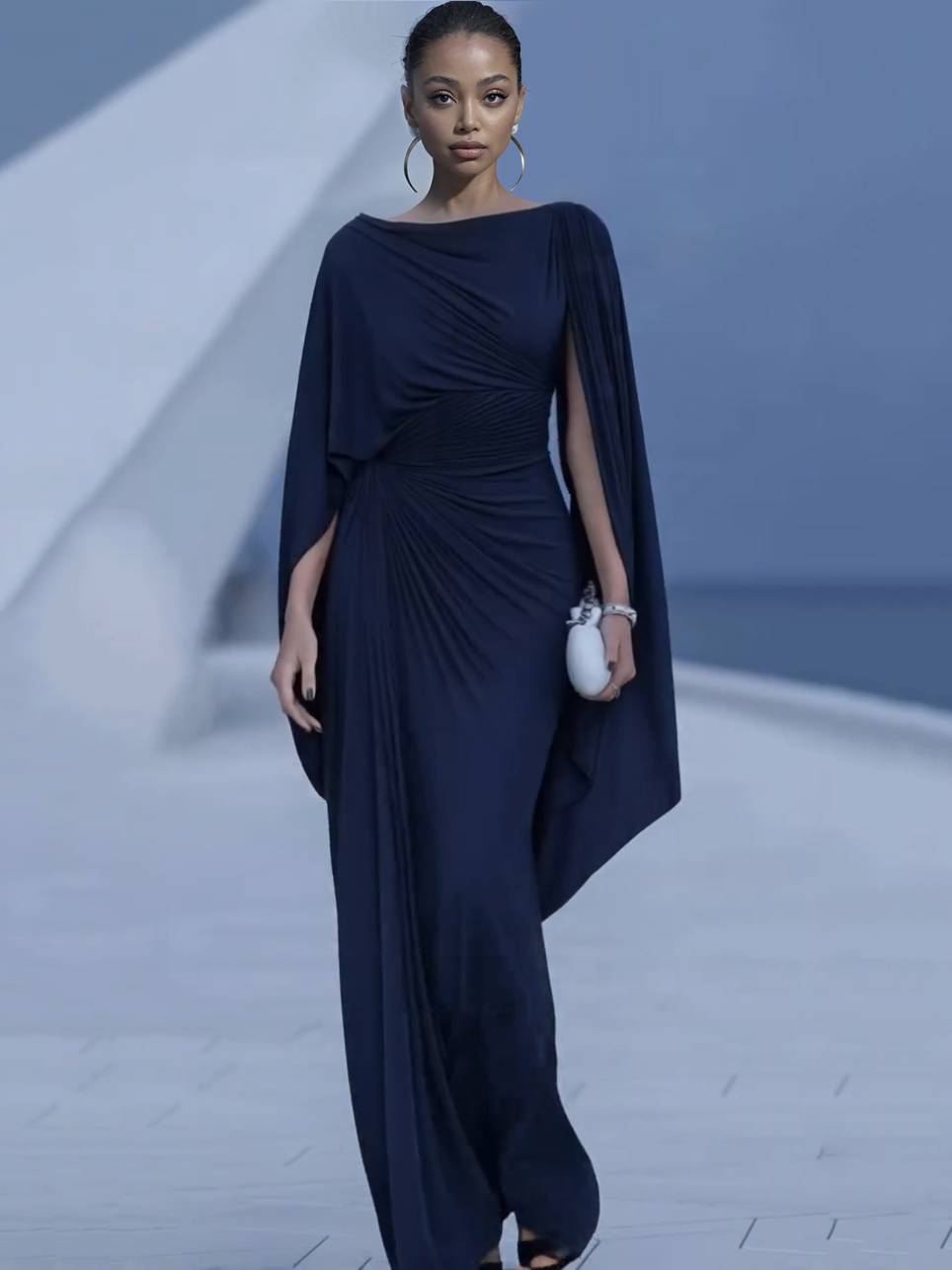 Robe longue Mylène | Drapé à la taille, manches cape, encolure bateau 12
