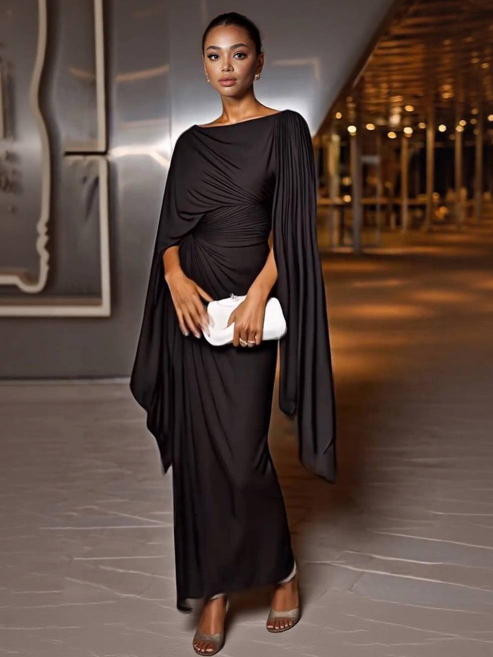 Robe longue Mylène | Drapé à la taille, manches cape, encolure bateau 2