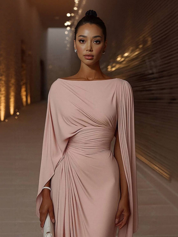 Robe longue Mylène | Drapé à la taille, manches cape, encolure bateau 3