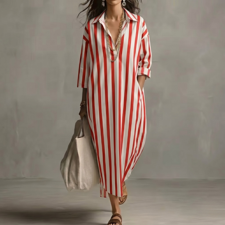 Robe longue Reva | Col chemise, rayures oversize, manches 3/4, coupe fluide 0