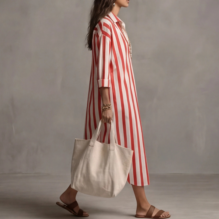 Robe longue Reva | Col chemise, rayures oversize, manches 3/4, coupe fluide 1