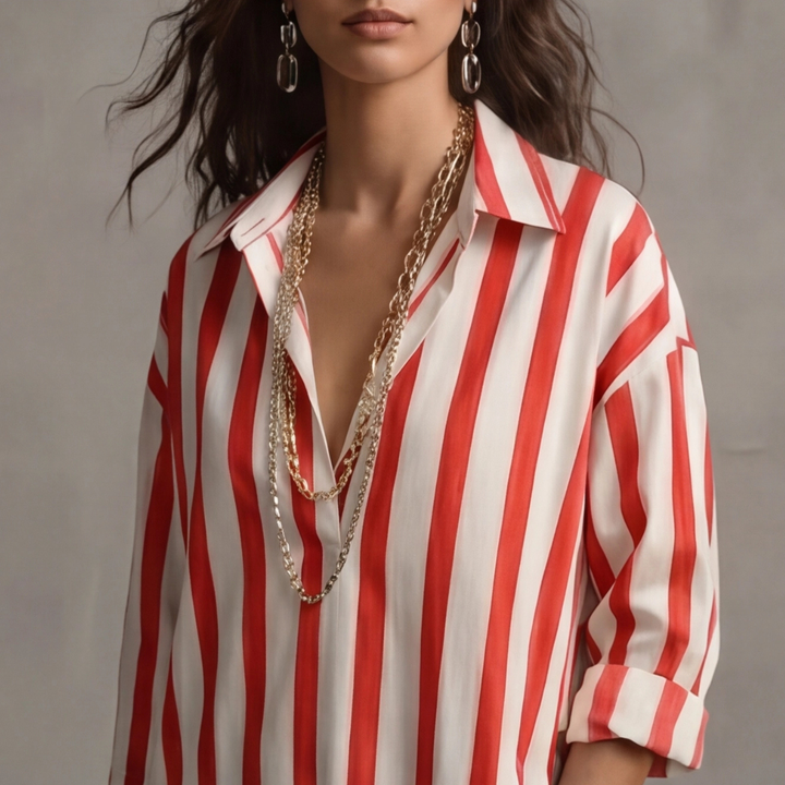 Robe longue Reva | Col chemise, rayures oversize, manches 3/4, coupe fluide 2