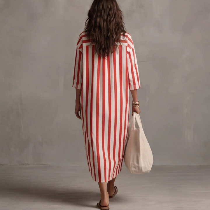 Robe longue Reva | Col chemise, rayures oversize, manches 3/4, coupe fluide 3