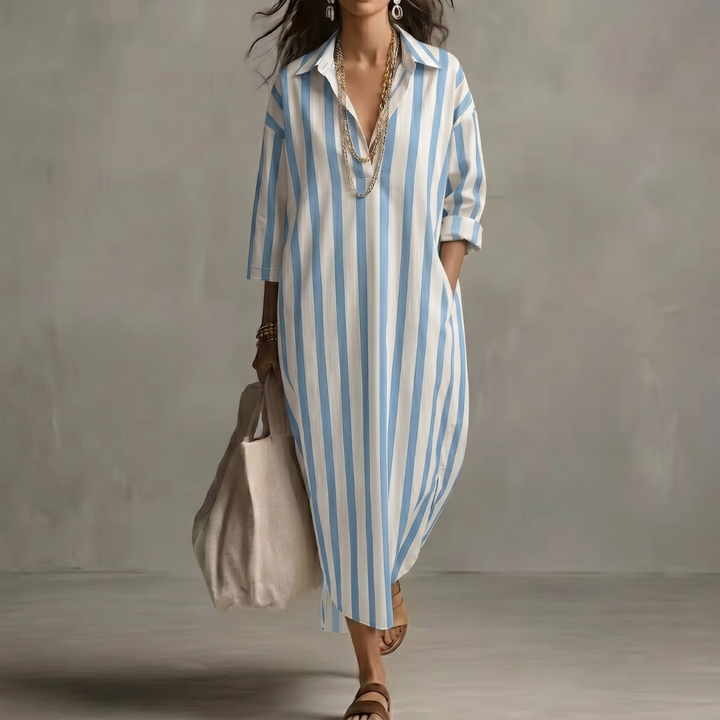 Robe longue Reva | Col chemise, rayures oversize, manches 3/4, coupe fluide 4