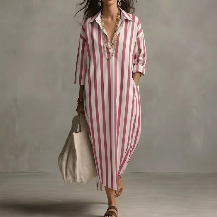 Robe longue Reva | Col chemise, rayures oversize, manches 3/4, coupe fluide 5
