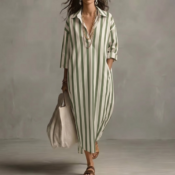 Robe longue Reva | Col chemise, rayures oversize, manches 3/4, coupe fluide 6
