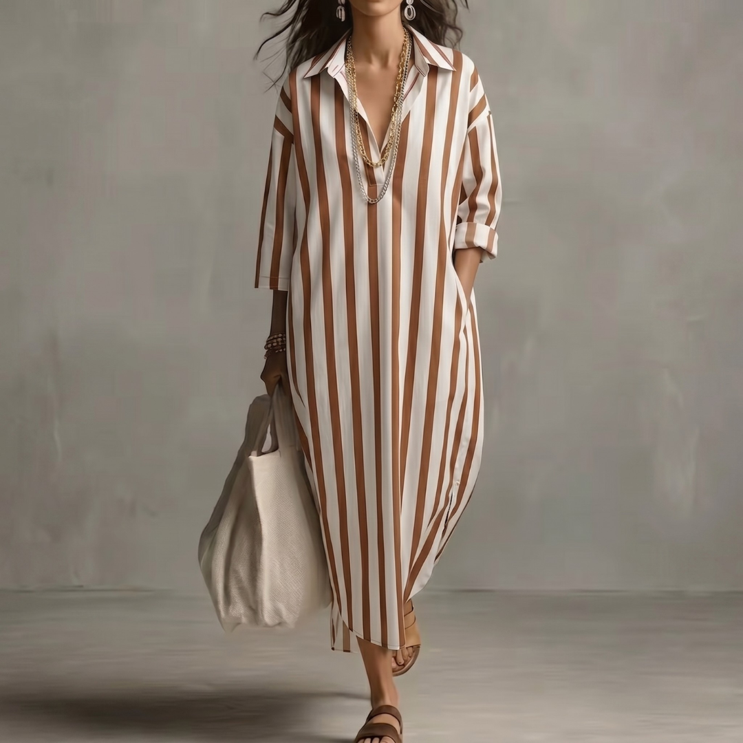 Robe longue Reva | Col chemise, rayures oversize, manches 3/4, coupe fluide 7