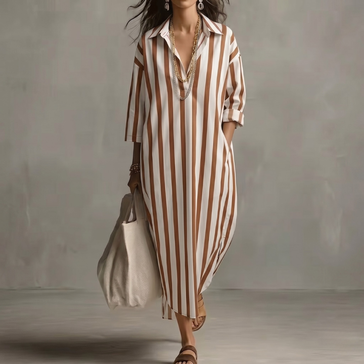 Robe longue Reva | Col chemise, rayures oversize, manches 3/4, coupe fluide 7