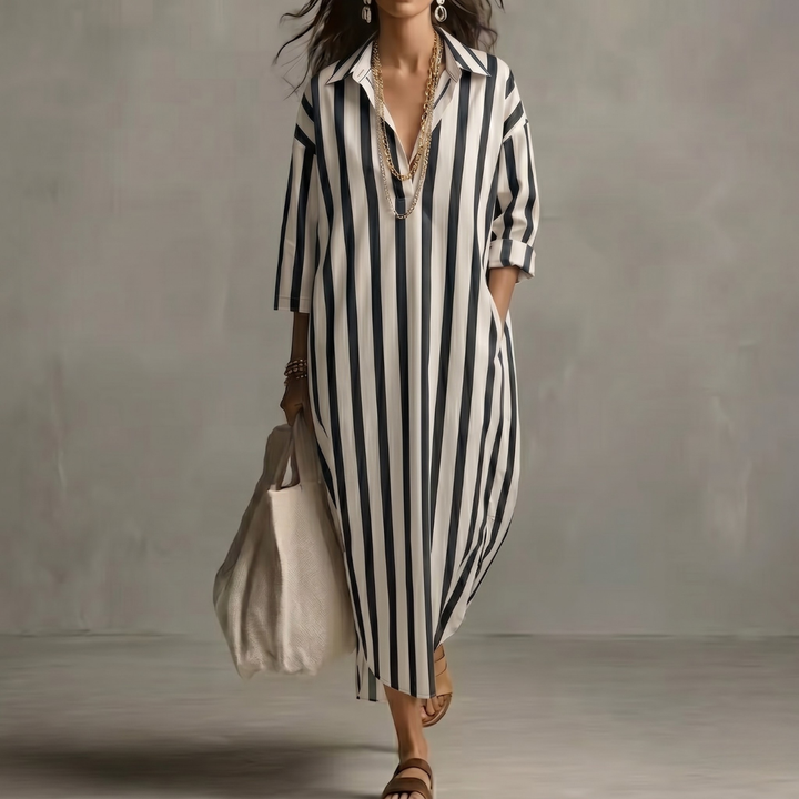 Robe longue Reva | Col chemise, rayures oversize, manches 3/4, coupe fluide 8