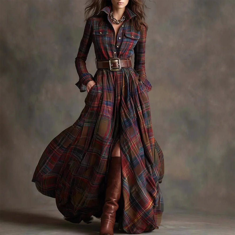 Robe longue Romina | Maxi à carreaux vintage, col chemisier élégant 0