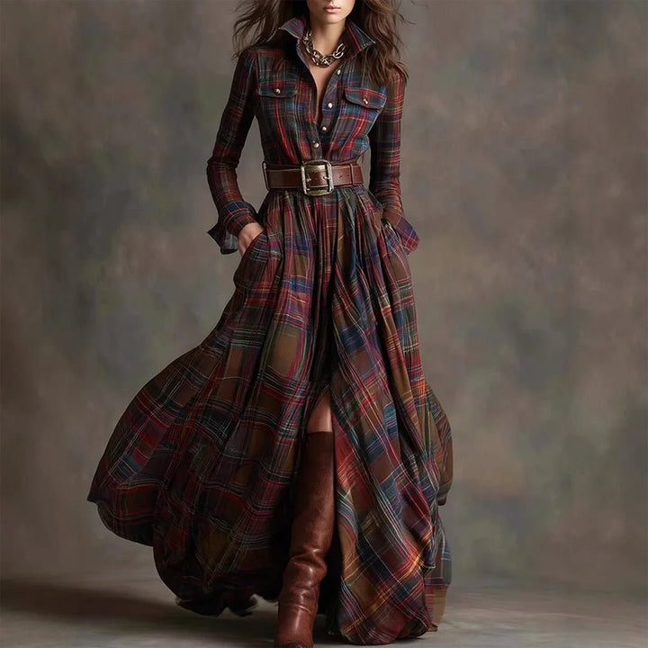 Robe longue Romina | Maxi à carreaux vintage, col chemisier élégant 0