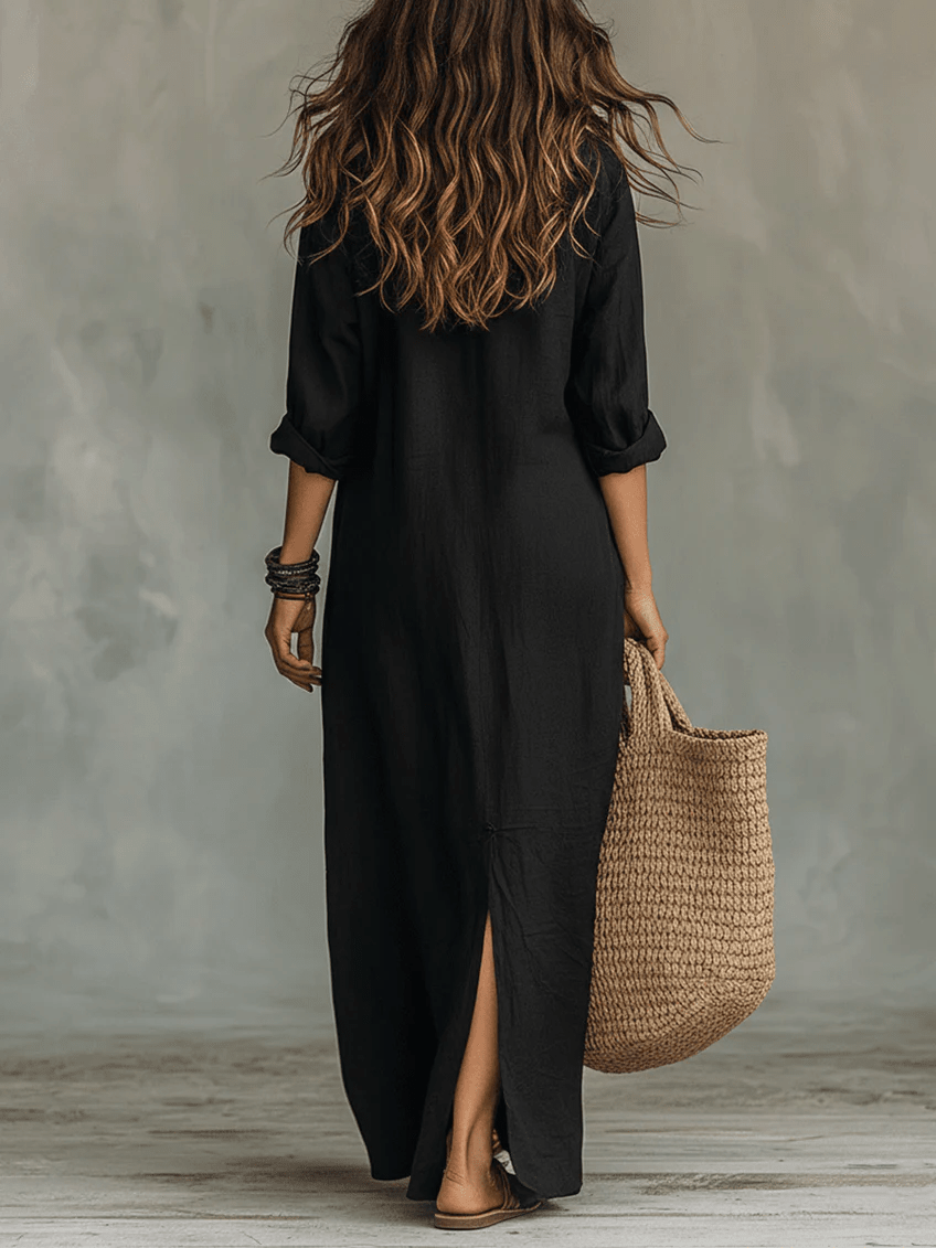 Robe longue Rosalie | Col Chemise, Manches Retroussées & Fente Avant 2