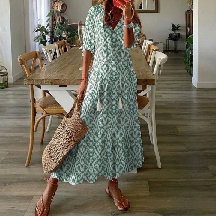 Robe longue Sienna | Imprimé fleuri bohème, col V, manches courtes 1