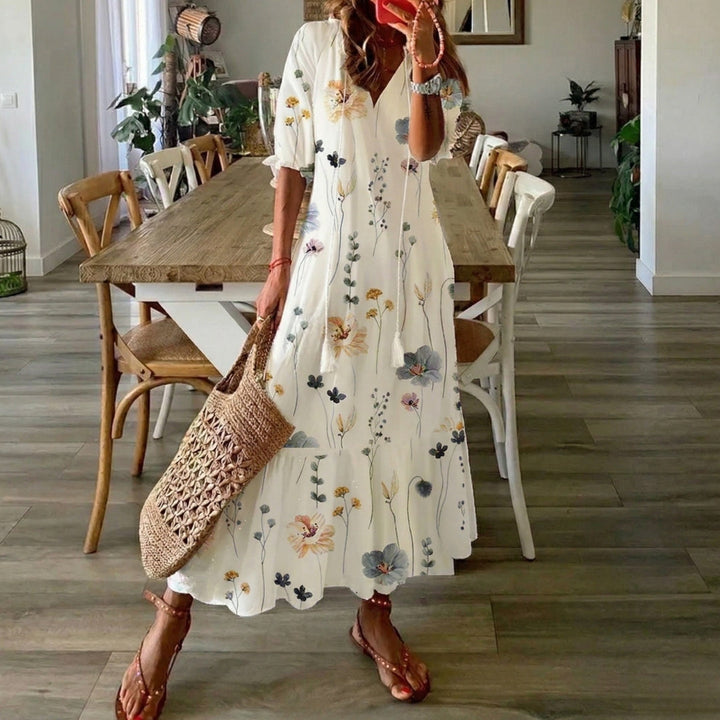 Robe longue Sienna | Imprimé fleuri bohème, col V, manches courtes 3