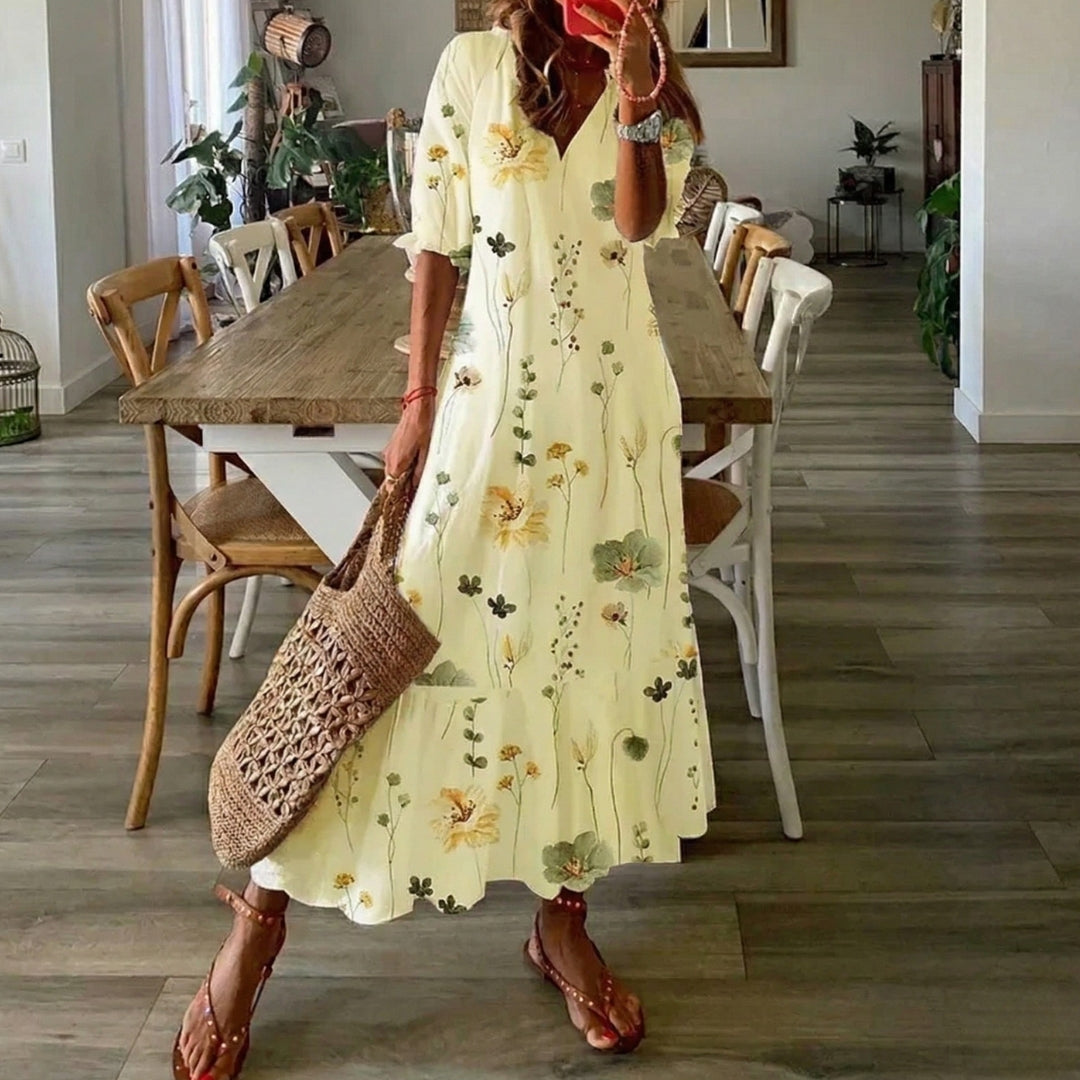 Robe longue Sienna | Imprimé fleuri bohème, col V, manches courtes 4