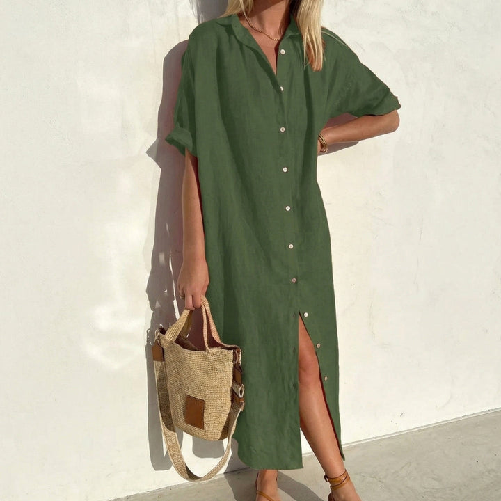 Robe longue Soléna | Coupe droite, col chemise, manches courtes, été 2